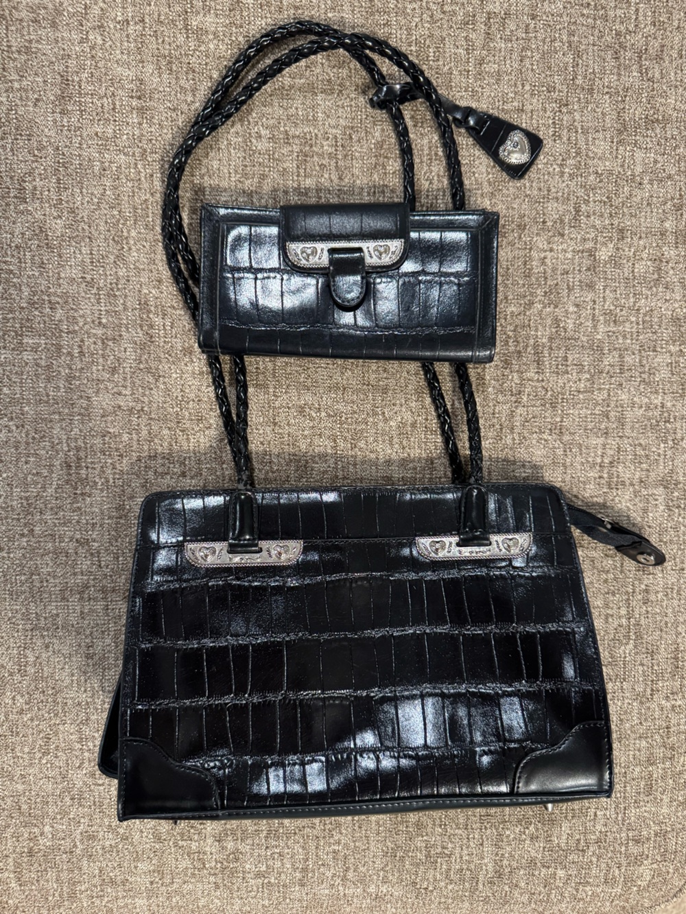 Coldwater Creek Black Croc-Embossed Tote with Matching Wallet